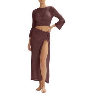 image:imageMANGOPOP 2 Piece Swimsuit Coverup for Women Crochet Bathing Suit Cover Up Set for Beach Pool VacationBrown