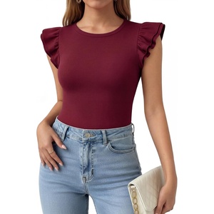 image:imageMANGOPOP Women Crew Neck Ruffle Sleeveless Tops Going Out Shirt Casual Blouses Spring 2026 Summer T ShirtsBurgundy