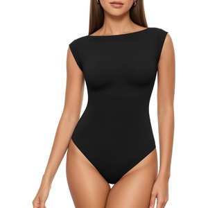 image:imageMANGOPOP Womens Boat Neck Double Lined Bodysuits Cap Sleeve Thong Basic Tank Body Suit Fitted Going Out Tops 202601 Black