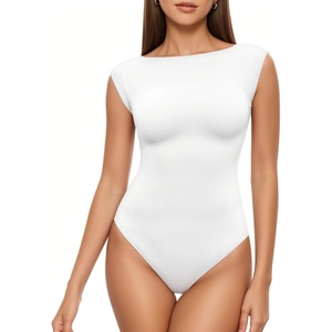 image:imageMANGOPOP Womens Boat Neck Double Lined Bodysuits Cap Sleeve Thong Basic Tank Body Suit Fitted Going Out Tops 202602 White