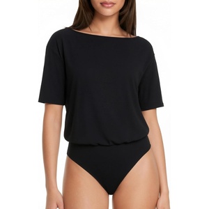 image:imageMANGOPOP Womens Boat Neck Half Sleeve Bodysuit 34 Sleeve Sexy Body Suit Casual Versatile One Shoulder Going Out Shirts TopsBlack