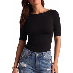 image:imageMANGOPOP Womens Half Sleeve Boat Neck Top Mid Elbow 34 Sleeve T Shirts Going Out Casual Trendy 2026Black