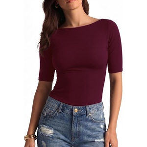 image:imageMANGOPOP Womens Half Sleeve Boat Neck Top Mid Elbow 34 Sleeve T Shirts Going Out Casual Trendy 2026Burgundy