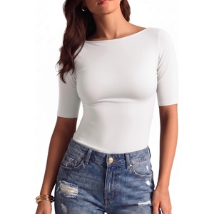 image:imageMANGOPOP Womens Half Sleeve Boat Neck Top Mid Elbow 34 Sleeve T Shirts Going Out Casual Trendy 2026Creamy White