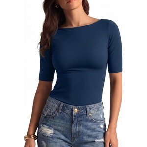 image:imageMANGOPOP Womens Half Sleeve Boat Neck Top Mid Elbow 34 Sleeve T Shirts Going Out Casual Trendy 2026Deep Blue