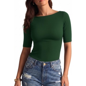 image:imageMANGOPOP Womens Half Sleeve Boat Neck Top Mid Elbow 34 Sleeve T Shirts Going Out Casual Trendy 2026Deep Green