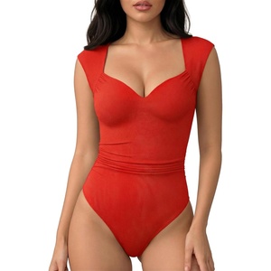 image:imageMANGOPOP Womens Sweetheart Neck Sleeveless Thong Bodysuit Sexy Mesh Ruched Double Lined Tank Top Body Suits Going Out TopsRed