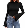 image:imageMANGOPOP Bell Sleeve Mock Neck Long Sleeve Bodysuit for Going Out Tops for Women01 Black