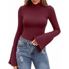 image:imageMANGOPOP Bell Sleeve Mock Neck Long Sleeve Bodysuit for Going Out Tops for WomenBurgundy