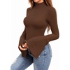 image:imageMANGOPOP Bell Sleeve Mock Neck Long Sleeve Bodysuit for Going Out Tops for WomenCoffee