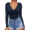 image:imageMANGOPOP Bodysuits for Women Deep V Neck Twist Knot Fitted Long Sleeve Bodysuit Basic Tops Casual T ShirtsDeep Blue