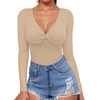 image:imageMANGOPOP Bodysuits for Women Deep V Neck Twist Knot Fitted Long Sleeve Bodysuit Basic Tops Casual T ShirtsNude