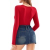 image:imageMANGOPOP Bodysuits for Women Deep V Neck Twist Knot Fitted Long Sleeve Bodysuit Basic Tops Casual T ShirtsRed