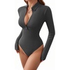 image:imageMANGOPOP Henley Bodysuit for Women Button Down Long Sleeve Tops Body Suits Dressy Blouse CasualDark Heather Grey