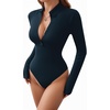 image:imageMANGOPOP Henley Bodysuit for Women Button Down Long Sleeve Tops Body Suits Dressy Blouse CasualDeep Blue