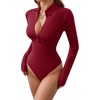 image:imageMANGOPOP Henley Bodysuit for Women Button Down Long Sleeve Tops Body Suits Dressy Blouse CasualFleece Lined Burgundy