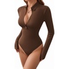 image:imageMANGOPOP Henley Bodysuit for Women Button Down Long Sleeve Tops Body Suits Dressy Blouse CasualFleece Lined Coffee