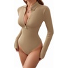 image:imageMANGOPOP Henley Bodysuit for Women Button Down Long Sleeve Tops Body Suits Dressy Blouse CasualMocha