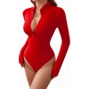 image:imageMANGOPOP Henley Bodysuit for Women Button Down Long Sleeve Tops Body Suits Dressy Blouse CasualRed