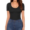 image:imageMANGOPOP Long Short Sleeve Bodysuits for Women Scoop Neck Ribbed Body Suit Stretchy Basic T Shirt TopsA01short Sleeve Black