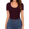 image:imageMANGOPOP Long Short Sleeve Bodysuits for Women Scoop Neck Ribbed Body Suit Stretchy Basic T Shirt TopsDshort Sleeve Burgundy
