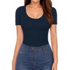 image:imageMANGOPOP Long Short Sleeve Bodysuits for Women Scoop Neck Ribbed Body Suit Stretchy Basic T Shirt TopsDshort Sleeve Deep Blue