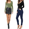 image:imageMANGOPOP Long Short Sleeve Bodysuits for Women Scoop Neck Ribbed Body Suit Stretchy Basic T Shirt TopsElong Sleeve Army Green