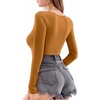image:imageMANGOPOP Long Short Sleeve Bodysuits for Women Scoop Neck Ribbed Body Suit Stretchy Basic T Shirt TopsElong Sleeve Camel