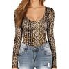 image:imageMANGOPOP Long Short Sleeve Bodysuits for Women Scoop Neck Ribbed Body Suit Stretchy Basic T Shirt TopsElong Sleeve Leopard