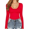 image:imageMANGOPOP Long Short Sleeve Bodysuits for Women Scoop Neck Ribbed Body Suit Stretchy Basic T Shirt TopsElong Sleeve Red