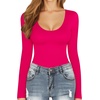 image:imageMANGOPOP Long Short Sleeve Bodysuits for Women Scoop Neck Ribbed Body Suit Stretchy Basic T Shirt TopsElong Sleeve Rose Pink