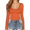 image:imageMANGOPOP Long Short Sleeve Bodysuits for Women Scoop Neck Ribbed Body Suit Stretchy Basic T Shirt TopsElong Sleeve Sorrel