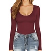 image:imageMANGOPOP Long Short Sleeve Bodysuits for Women Scoop Neck Ribbed Body Suit Stretchy Basic T Shirt TopsFfleece Lined Burgundy