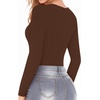image:imageMANGOPOP Long Short Sleeve Bodysuits for Women Scoop Neck Ribbed Body Suit Stretchy Basic T Shirt TopsFfleece Lined Coffee