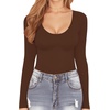 image:imageMANGOPOP Long Short Sleeve Bodysuits for Women Scoop Neck Ribbed Body Suit Stretchy Basic T Shirt TopsFfleece Lined Coffee