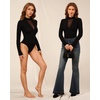 image:imageMANGOPOP Long Sleeve Body Suit Mock TurtleNeck Bodysuit for Women Mesh Deep V Bodysuit Tops01 Black