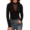image:imageMANGOPOP Long Sleeve Body Suit Mock TurtleNeck Bodysuit for Women Mesh Deep V Bodysuit Tops01 Black