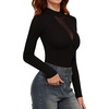 image:imageMANGOPOP Long Sleeve Body Suit Mock TurtleNeck Bodysuit for Women Mesh Deep V Bodysuit Tops01 Black