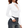 image:imageMANGOPOP Long Sleeve Body Suit Mock TurtleNeck Bodysuit for Women Mesh Deep V Bodysuit Tops02 White
