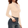 image:imageMANGOPOP Long Sleeve Body Suit Mock TurtleNeck Bodysuit for Women Mesh Deep V Bodysuit Tops03 Nude