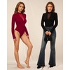 image:imageMANGOPOP Long Sleeve Body Suit Mock TurtleNeck Bodysuit for Women Mesh Deep V Bodysuit Tops04 Wine Red