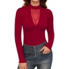 image:imageMANGOPOP Long Sleeve Body Suit Mock TurtleNeck Bodysuit for Women Mesh Deep V Bodysuit Tops04 Wine Red