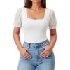 image:imageMANGOPOP Square Neck Long Sleeve Short Sleeve Bodysuit for Women Mesh Ruffle Sleeves Going Out Tops01 Short Sleeve White