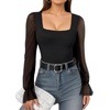 image:imageMANGOPOP Square Neck Long Sleeve Short Sleeve Bodysuit for Women Mesh Ruffle Sleeves Going Out Tops02 Long Sleeve Black