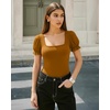 image:imageMANGOPOP Square Neck Long Sleeve Short Sleeve Bodysuit for Women Mesh Ruffle Sleeves Going Out Tops03 Short Sleeve Camel