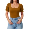 image:imageMANGOPOP Square Neck Long Sleeve Short Sleeve Bodysuit for Women Mesh Ruffle Sleeves Going Out Tops03 Short Sleeve Camel