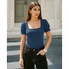 image:imageMANGOPOP Square Neck Long Sleeve Short Sleeve Bodysuit for Women Mesh Ruffle Sleeves Going Out Tops03 Short Sleeve Deep Blue