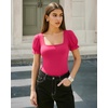 image:imageMANGOPOP Square Neck Long Sleeve Short Sleeve Bodysuit for Women Mesh Ruffle Sleeves Going Out Tops03 Short Sleeve Hot Pink