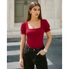 image:imageMANGOPOP Square Neck Long Sleeve Short Sleeve Bodysuit for Women Mesh Ruffle Sleeves Going Out Tops03 Short Sleeve Wine Red