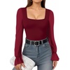 image:imageMANGOPOP Square Neck Long Sleeve Short Sleeve Bodysuit for Women Mesh Ruffle Sleeves Going Out Tops04 Long Sleeve Burgundy